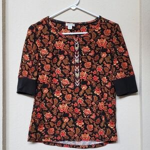 Sundance Elbow Sleeve Floral Henley Style Top.  Size Small